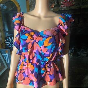 Floral Ruffle Sleeve Blouse - Pink and Purple
